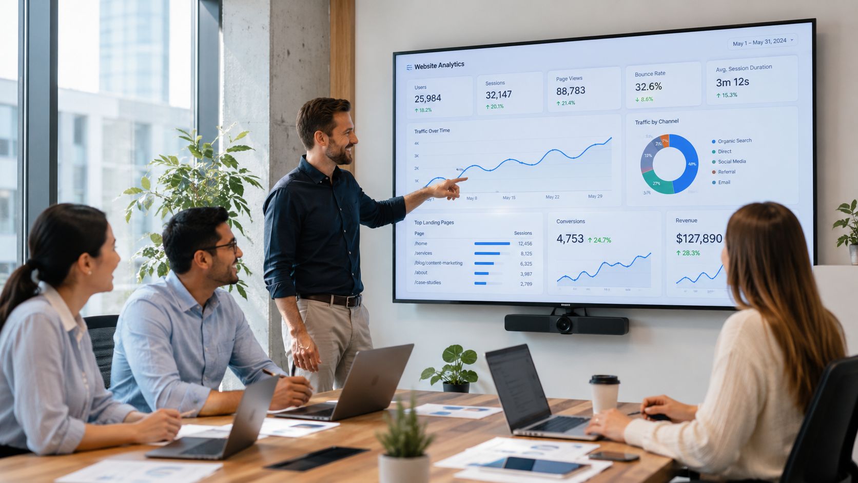 A professional team in a modern office analyzing website analytics data displayed on a large screen.
