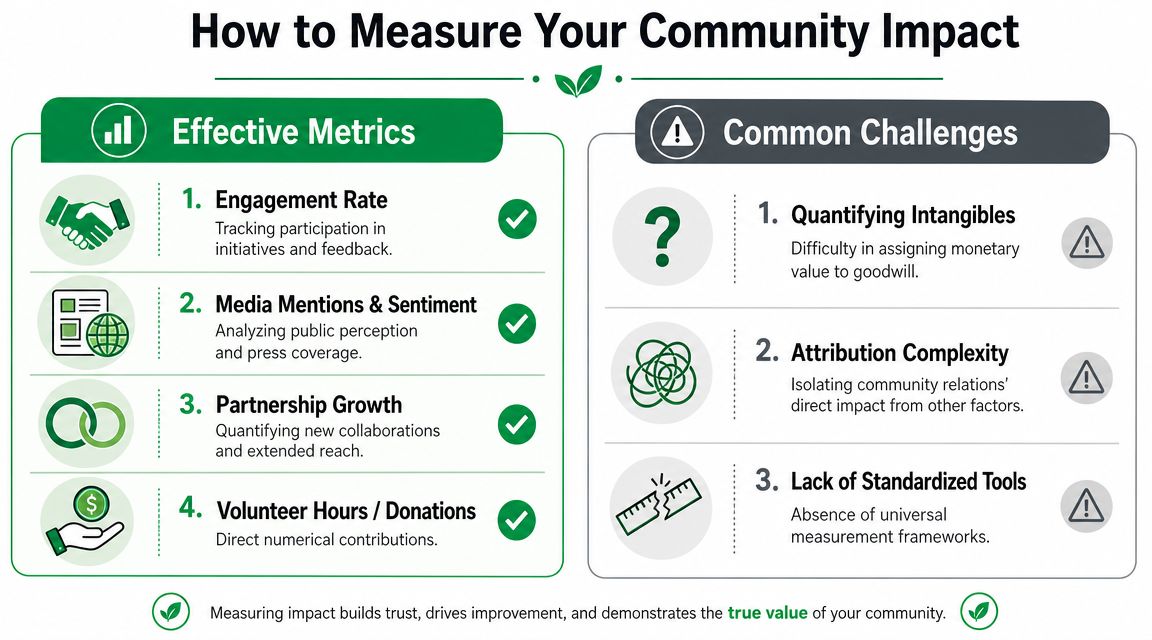 An infographic titled How to Measure Your Community Impact featuring effective metrics and common measurement challenges.
