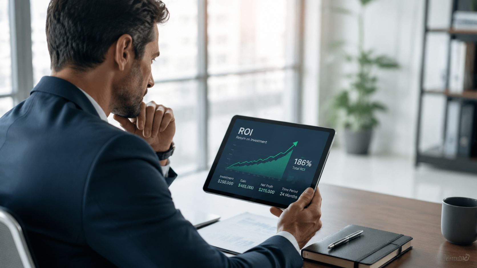 A professional in a business suit reviewing a tablet displaying positive financial investment growth data charts.