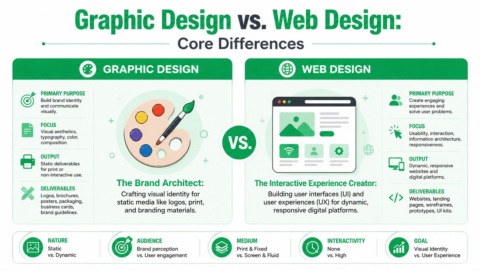 An infographic comparing the core differences between graphic design and web design for digital projects.