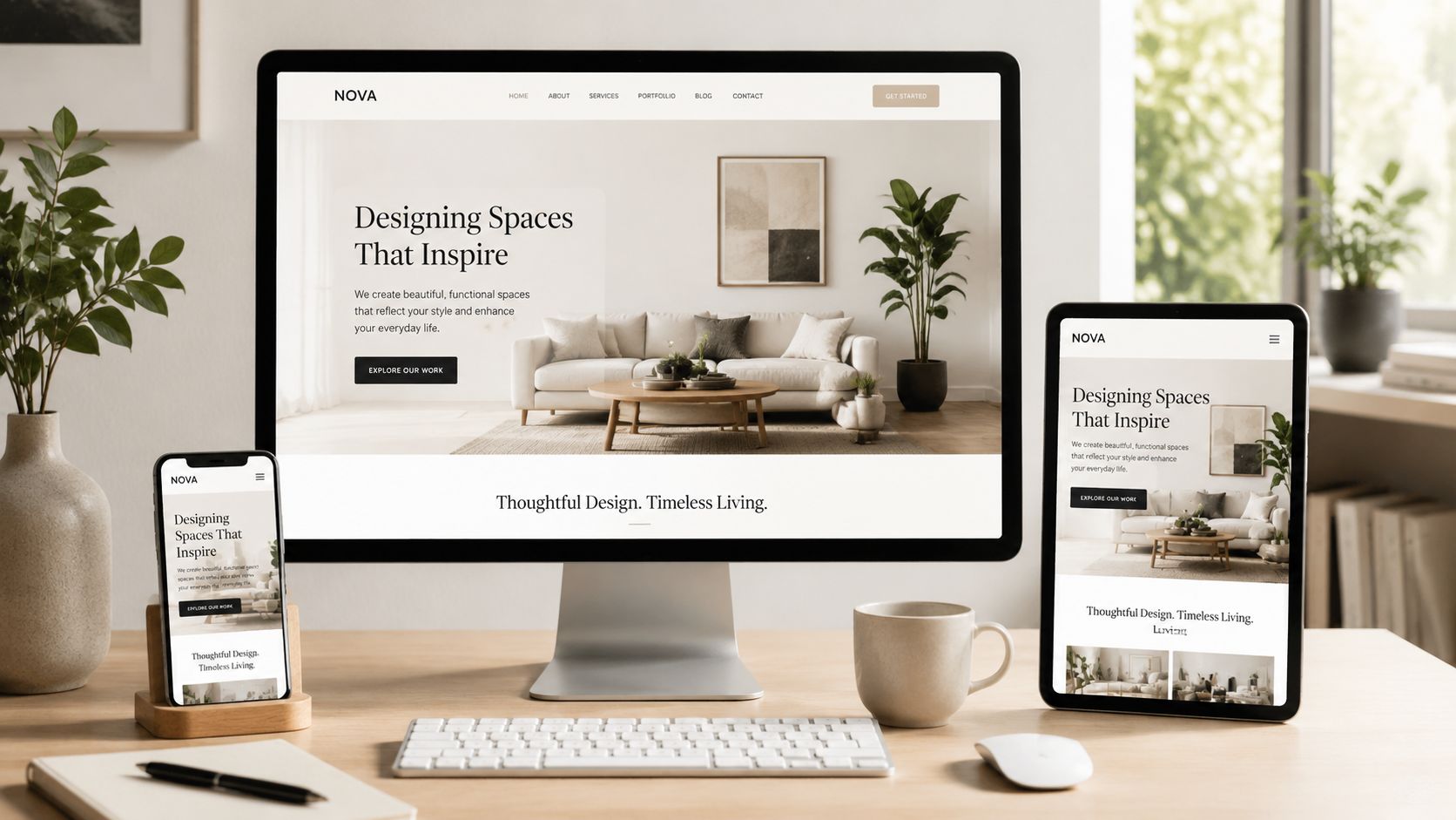 A desktop computer, tablet, and smartphone displaying a modern interior design company website on a desk.