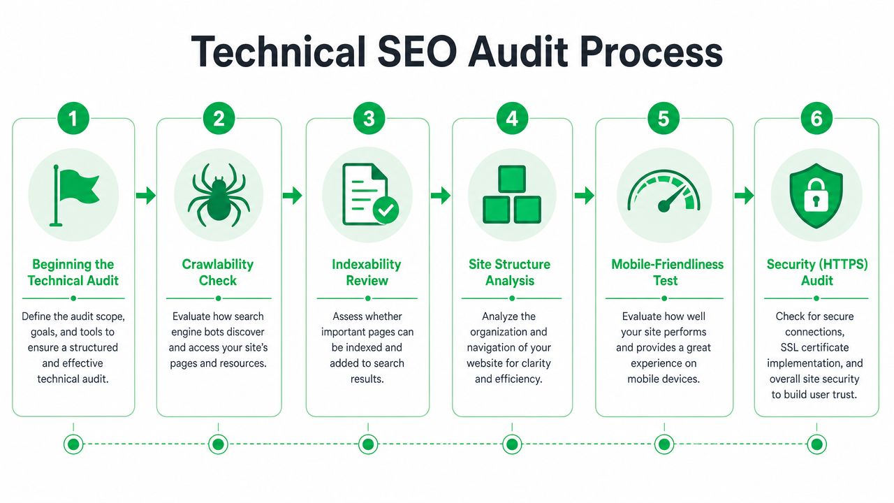 A six-step infographic detailing the technical SEO audit process for website optimization and search ranking success.