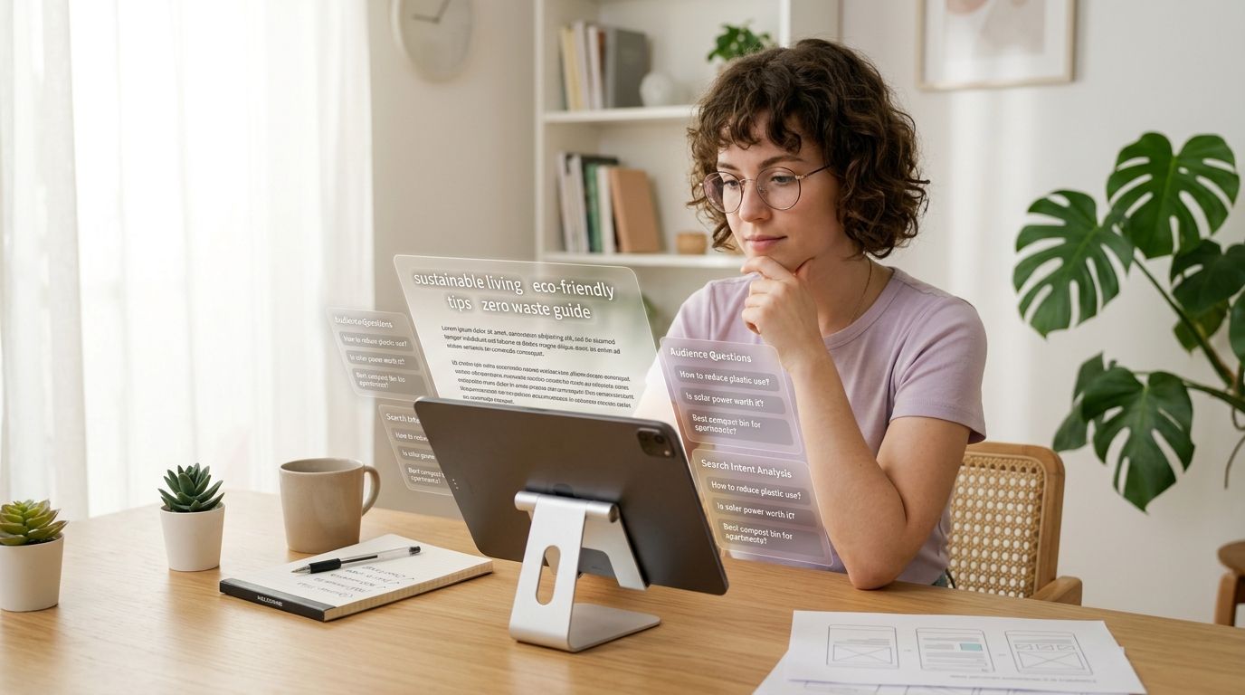 A woman analyzing SEO and sustainability topics on a digital screen while working at her home office desk.