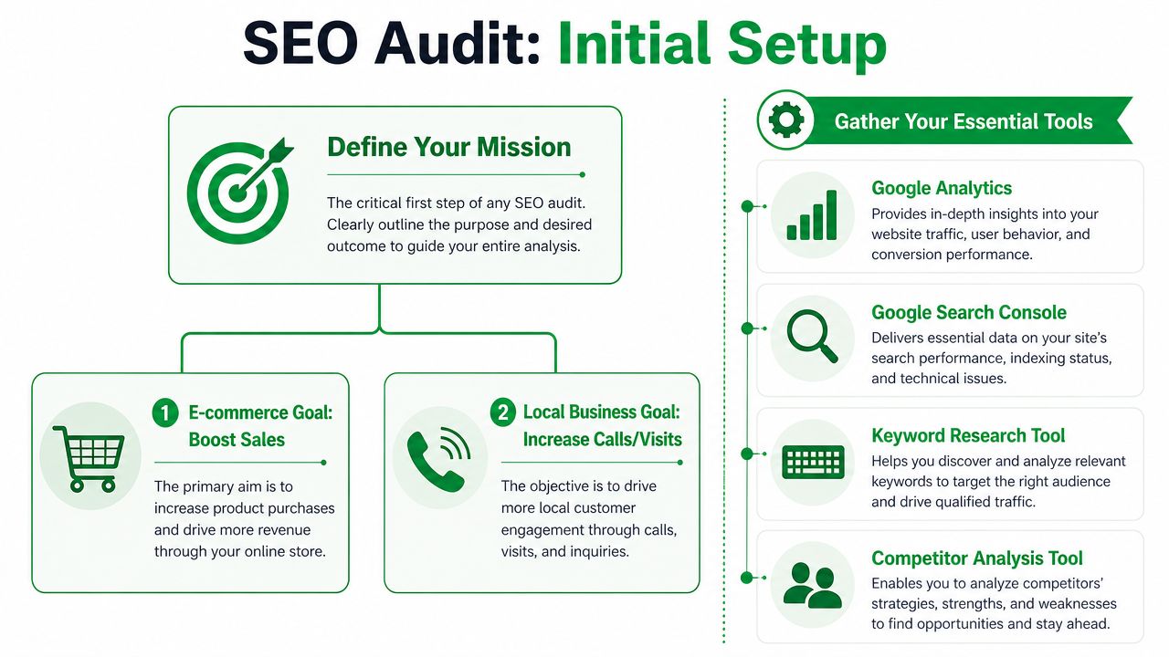 A flowchart infographic titled SEO Audit Initial Setup showing goal definition and essential tool requirements.