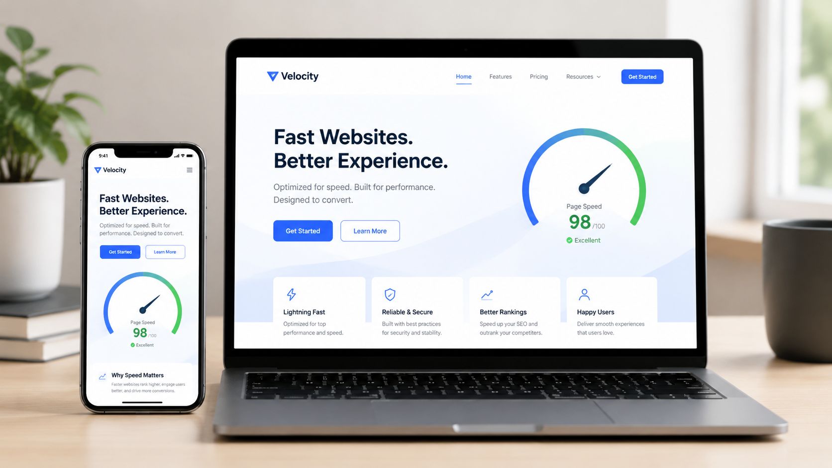 A laptop and smartphone displaying a website with a 98 out of 100 page speed performance score.