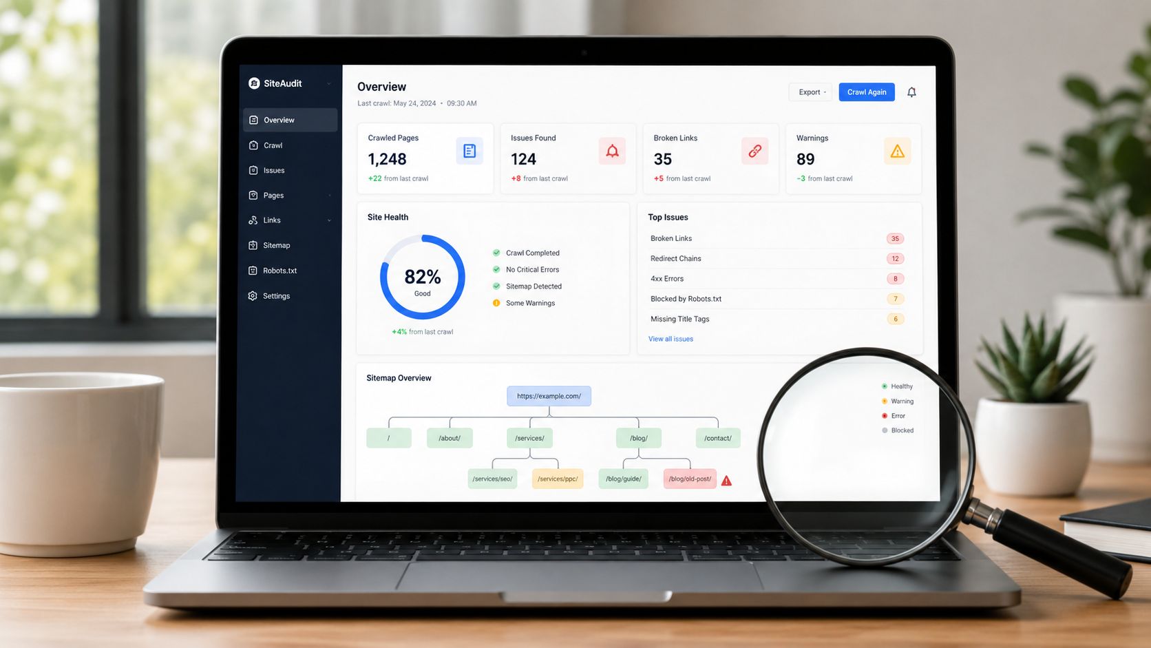 A laptop screen displaying a SEO site audit dashboard with charts and data on a desk.