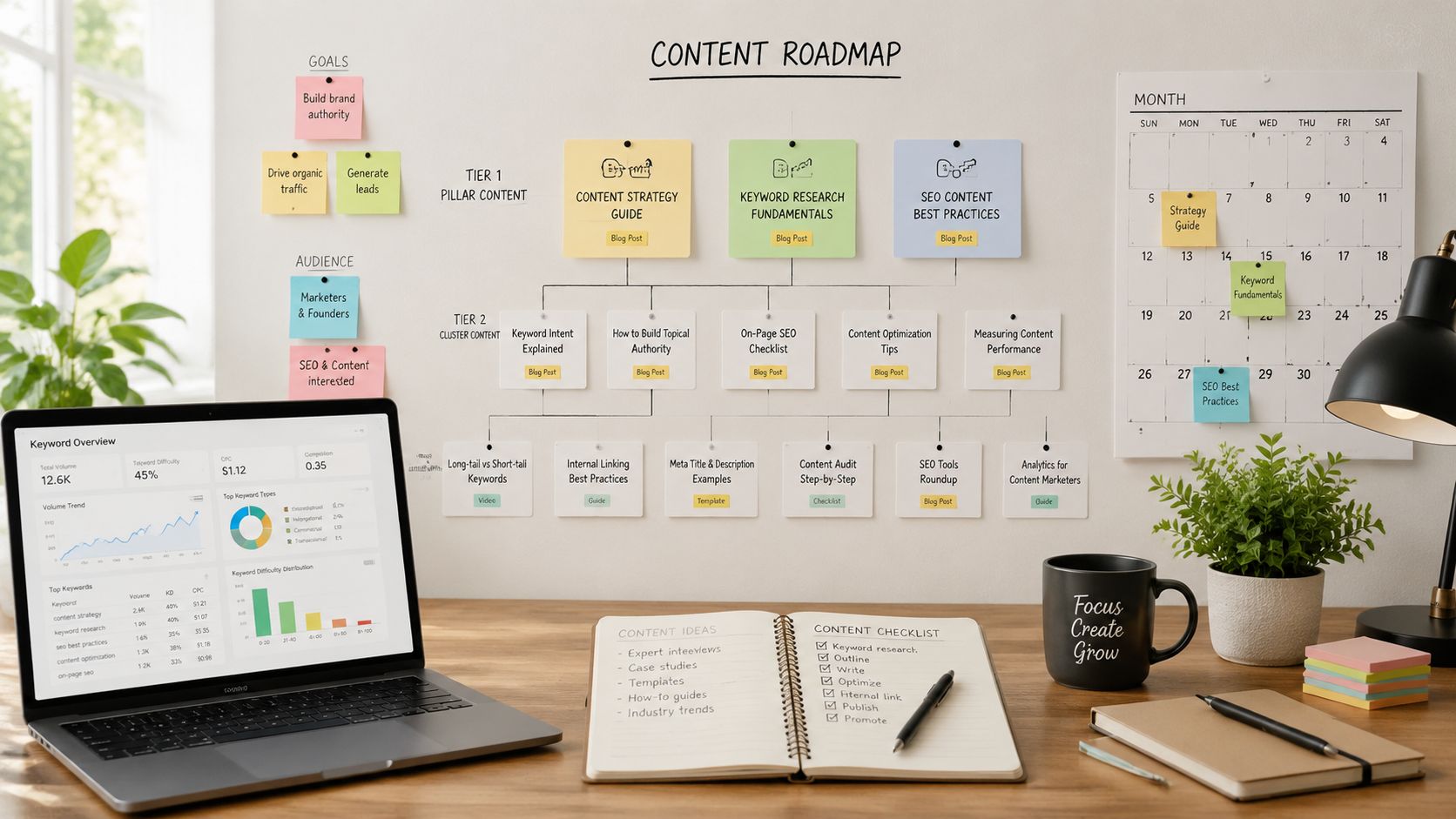 A professional desk workspace displaying a content roadmap strategy, SEO keyword analytics, and a planning checklist.
