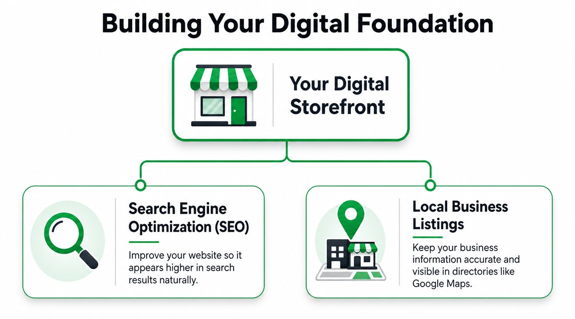 A diagram illustrating the digital foundation for businesses, including search engine optimization and local business listings.
