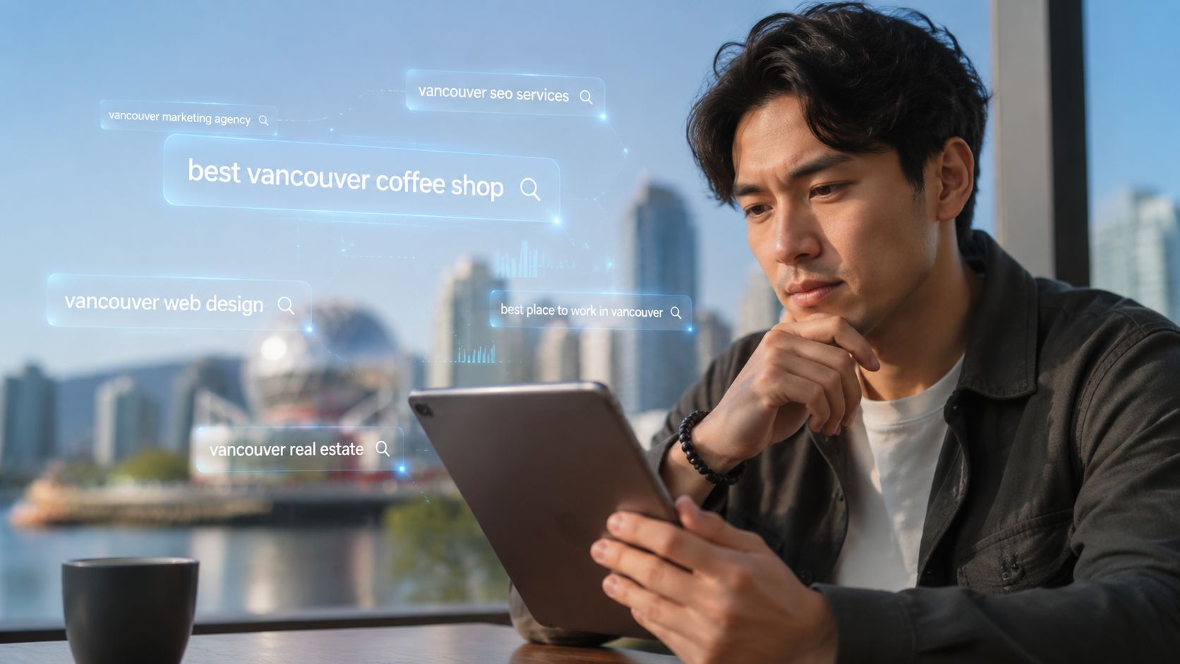 A young man looking thoughtfully at a digital tablet with floating search queries about Vancouver services.