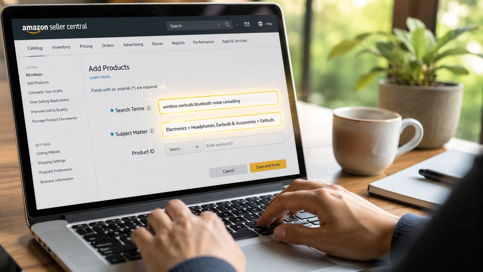 SEO for Amazon Sellers: A person using a laptop to update Amazon Seller Central product listing information for wireless earbuds.