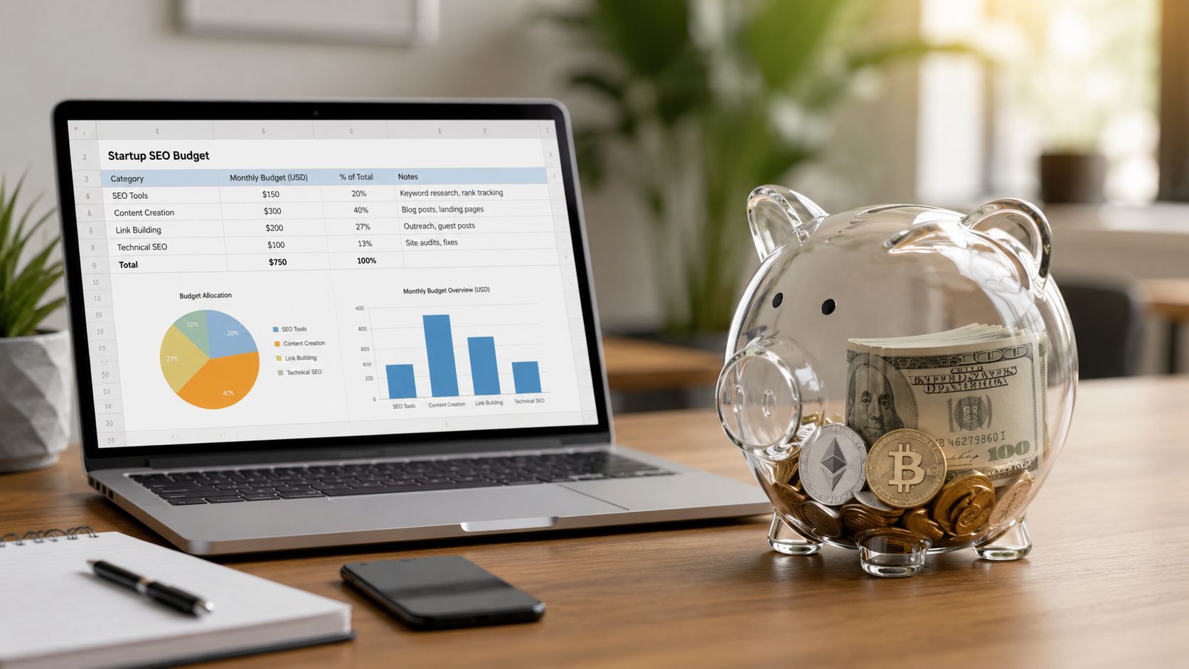 A laptop displays an SEO budget breakdown alongside a clear piggy bank filled with cash and coins.