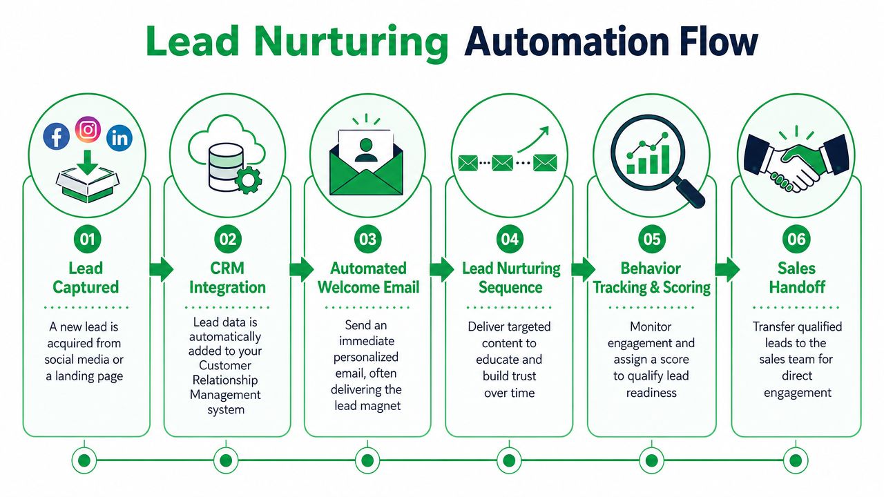 A flow chart illustrating the six stages of an automated lead nurturing process for businesses.