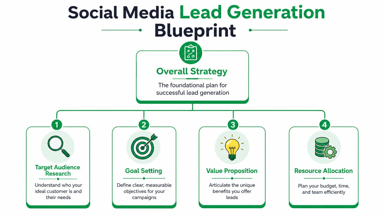 A social media lead generation strategy infographic showing four key steps: research, goals, value, and resources.