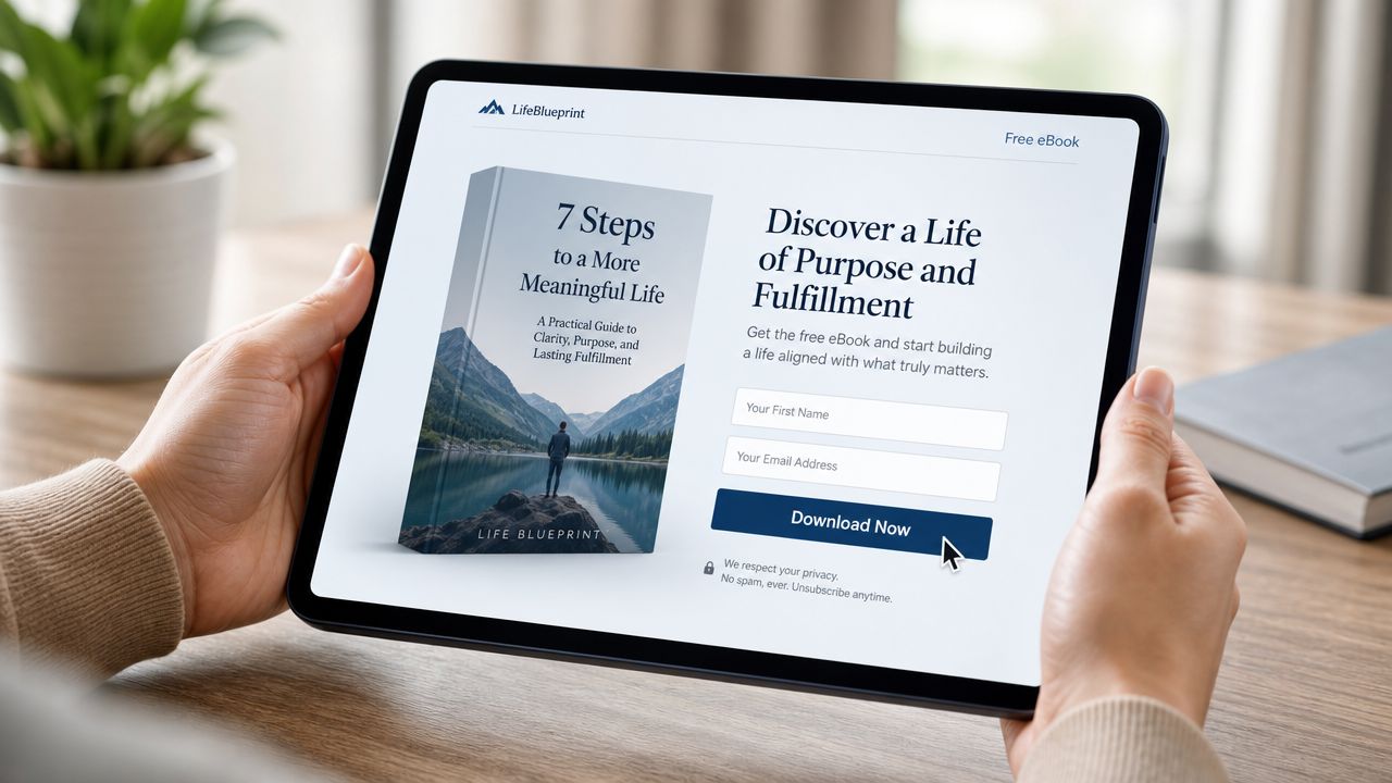 A person holding a tablet displaying a landing page for downloading a free eBook about purposeful living.