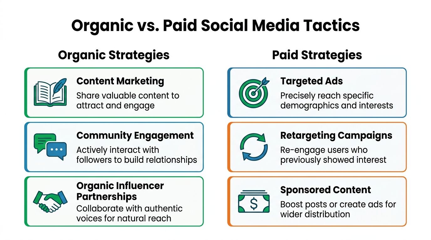 A comparison chart outlining key differences between organic and paid social media marketing strategy techniques.