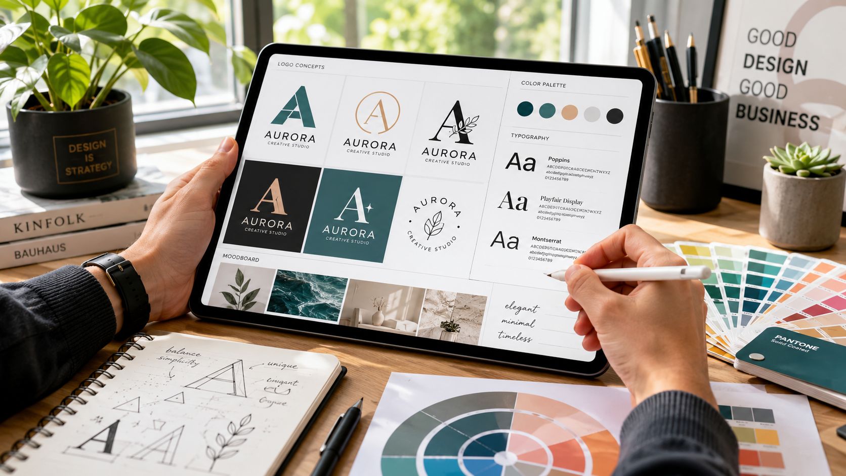 A designer works on a digital tablet displaying logo concepts and brand identity elements for a startup company.