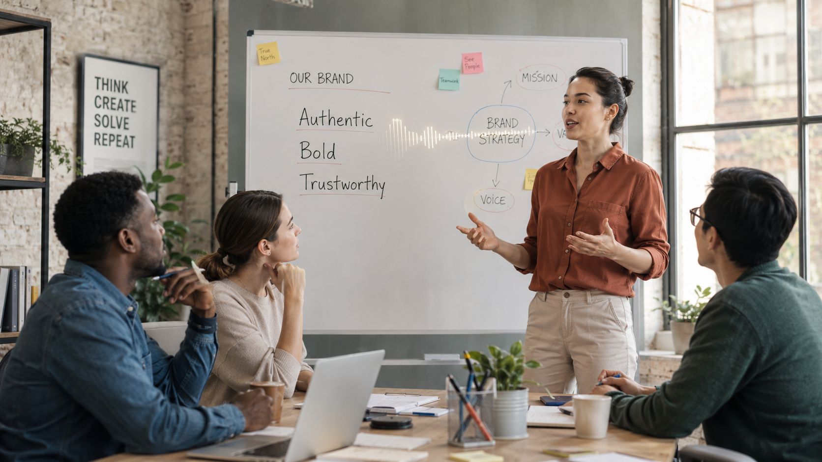 A diverse team of professionals collaborating on a brand strategy session in a modern office space.
