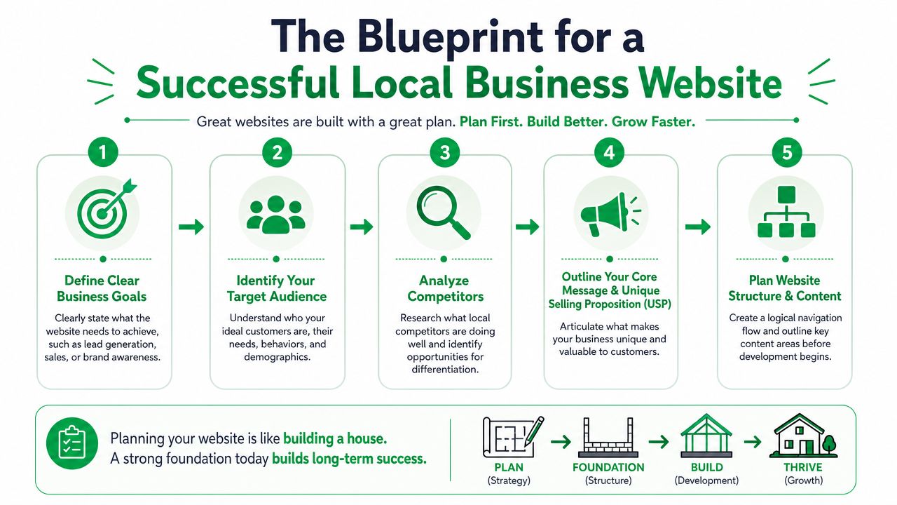 An infographic titled The Blueprint for a Successful Local Business Website outlining five key planning steps.