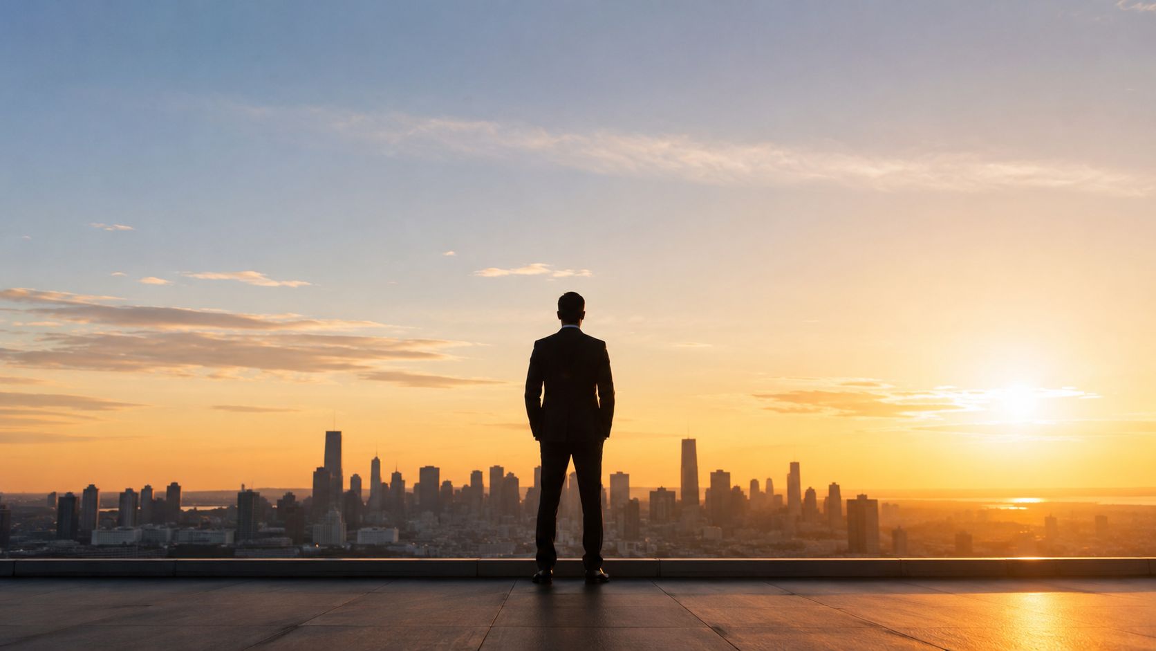A businessman in a suit stands on a rooftop looking at a city skyline at sunset.