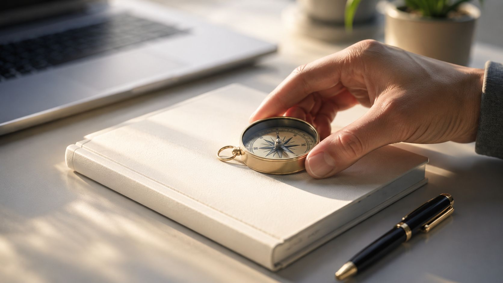 A person's hand places a gold compass on a clean white journal next to a professional pen.