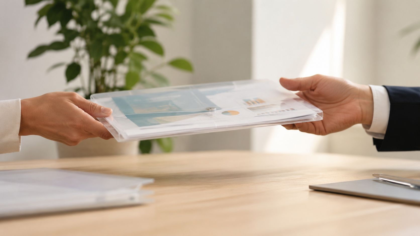 Two business professionals exchanging a document folder over a wooden office desk during a meeting.