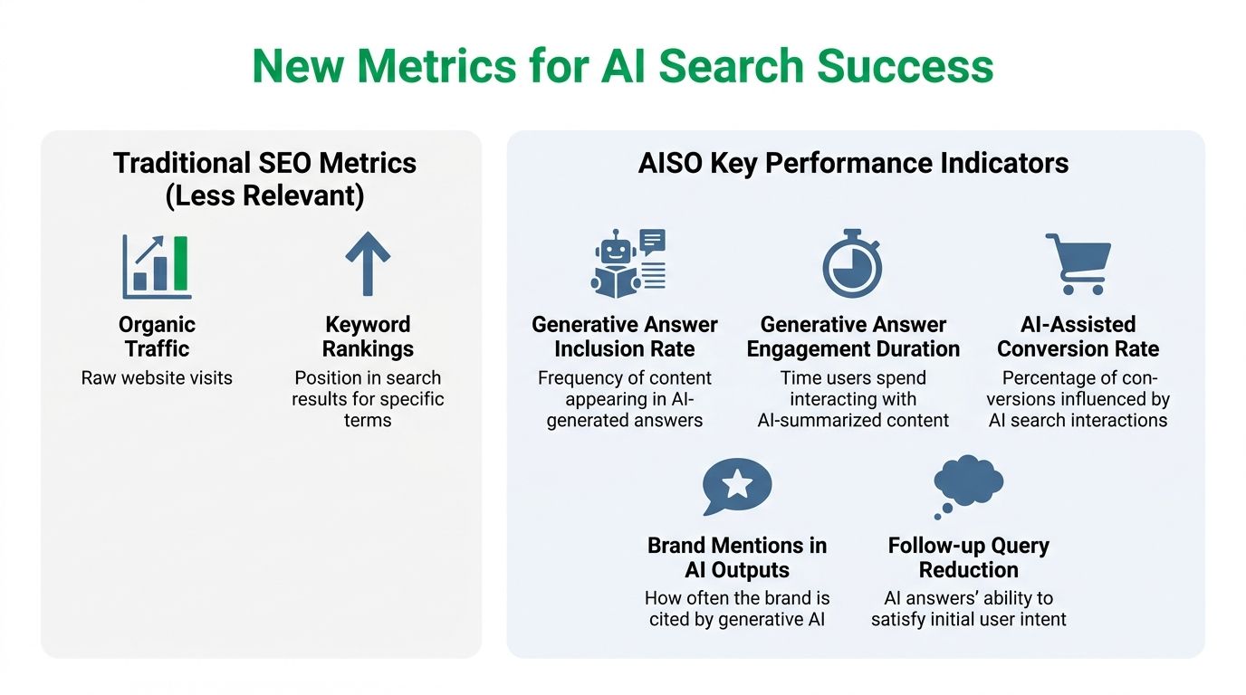A comparison chart showing traditional SEO metrics versus new AISO key performance indicators for AI search success.