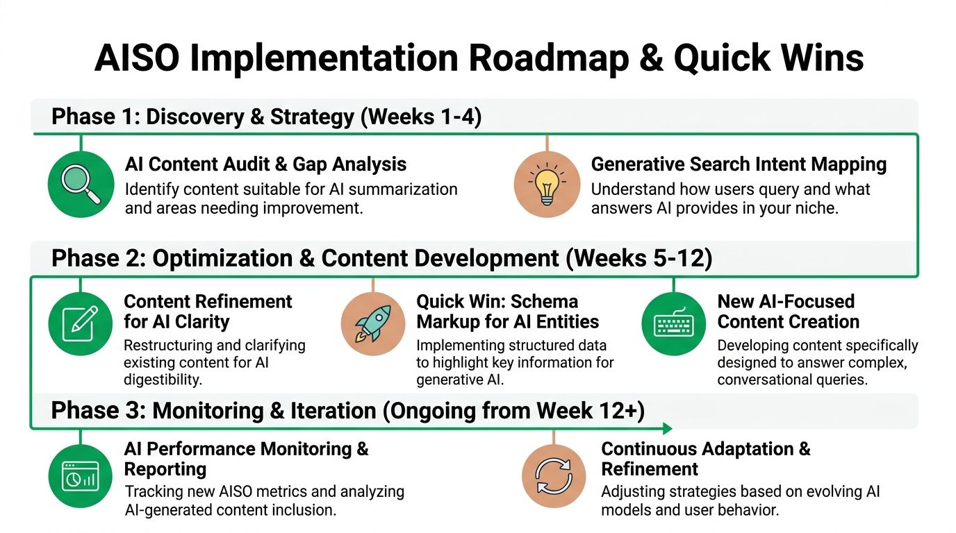 A comprehensive roadmap diagram illustrating the three phases of an AISO implementation strategy for improving AI search visibility.