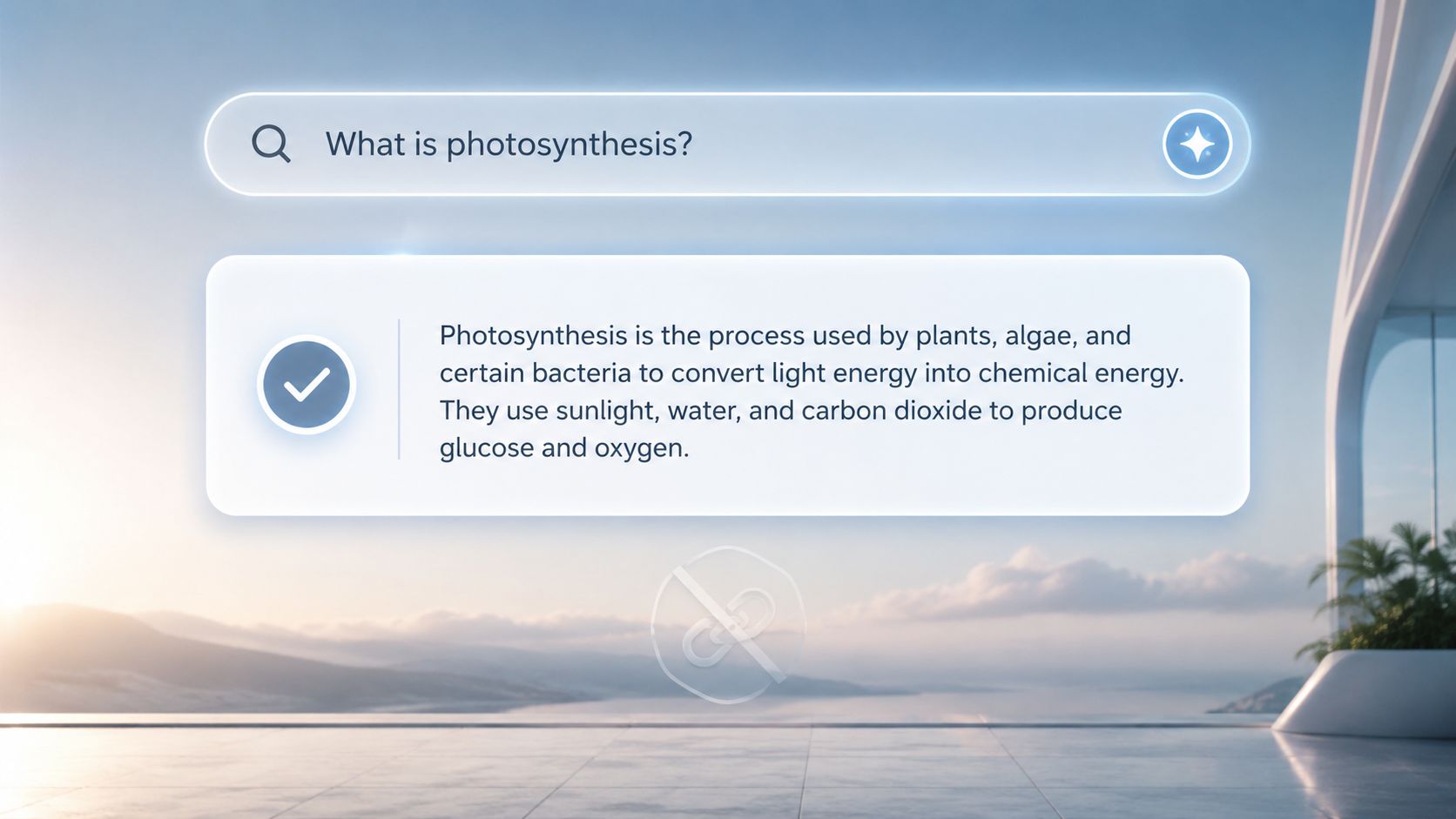 A digital search interface displaying a concise explanation of photosynthesis against a modern, serene outdoor background.