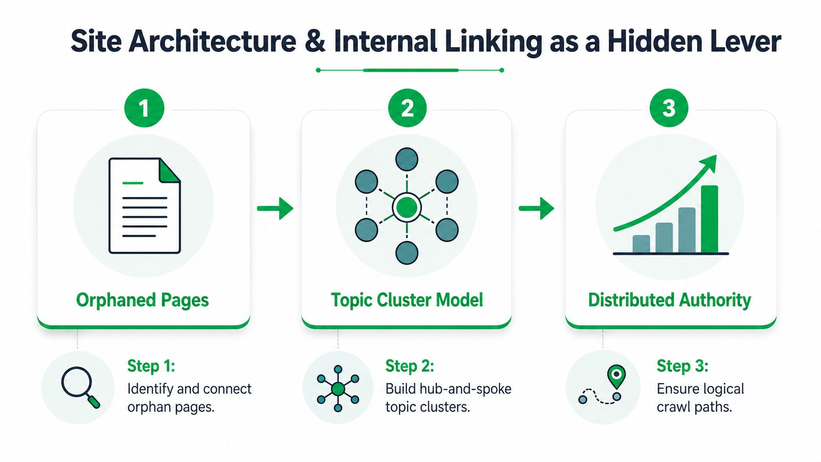 A diagram illustrating SEO strategies like identifying orphaned pages, building topic clusters, and improving distributed authority.