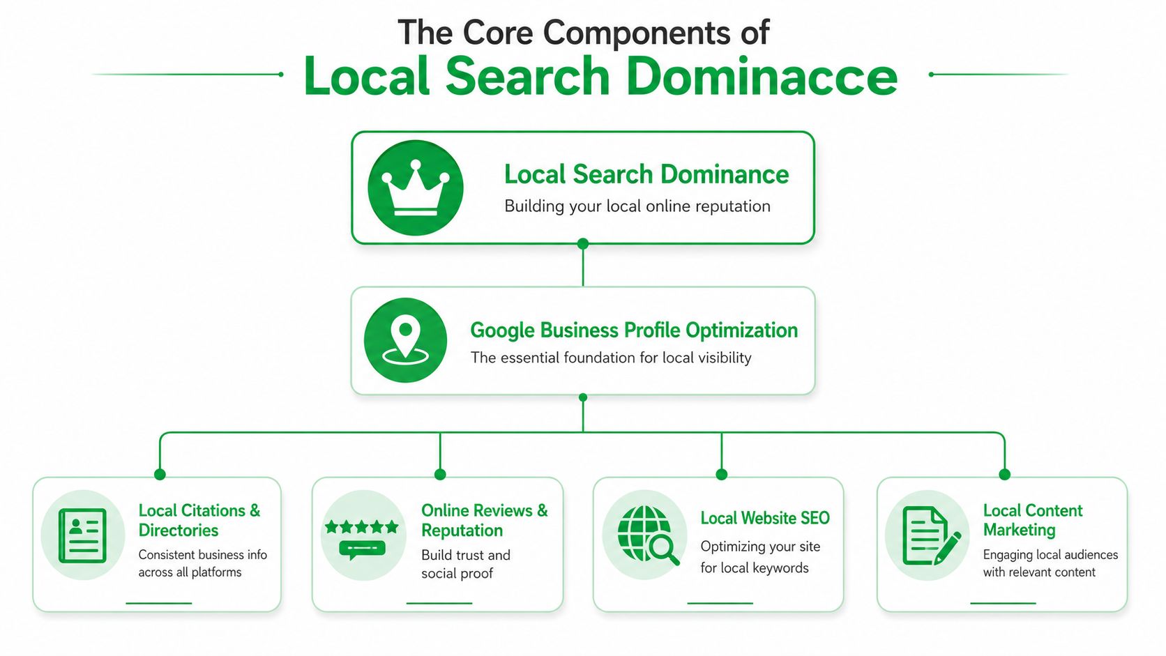 A diagram outlining the key components for achieving local search dominance, including business profiles, citations, and SEO.