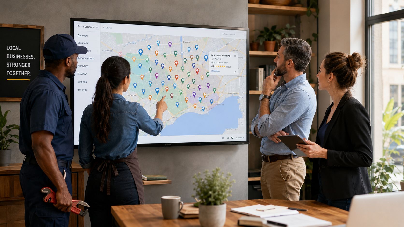 A professional team collaborates on a digital map screen to plan local search optimization strategies.