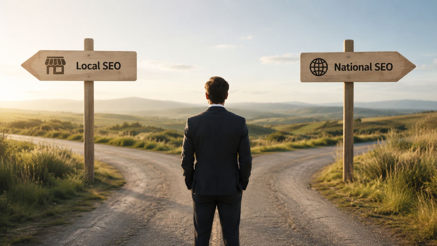 A businessman standing at a fork in the road choosing between Local and National SEO strategies.