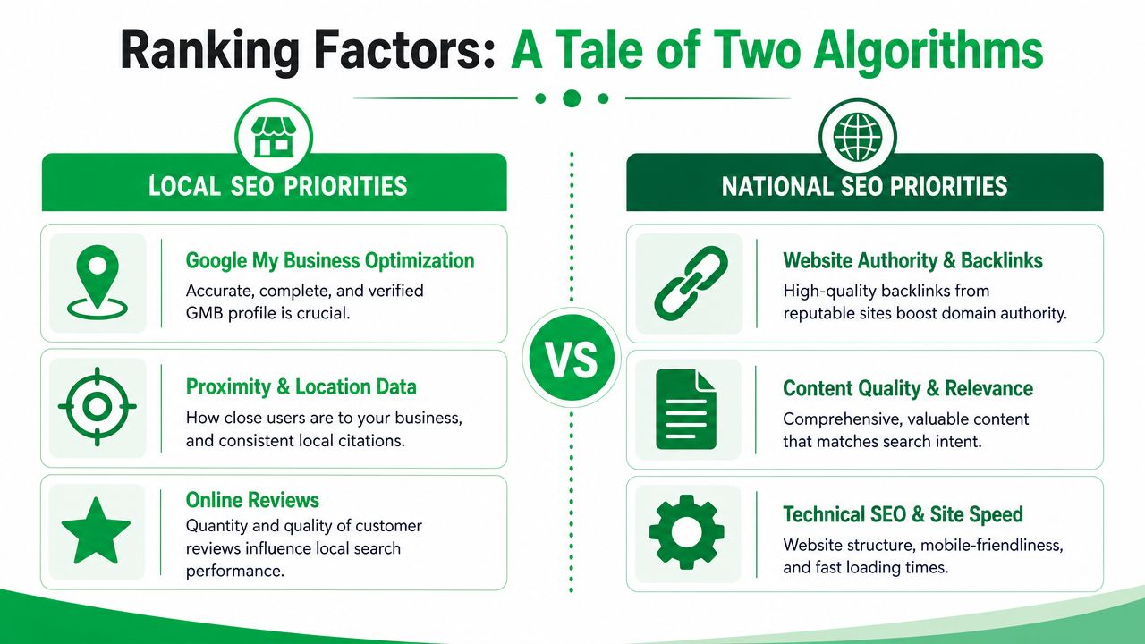An infographic comparing priorities including key ranking factors for each strategy.