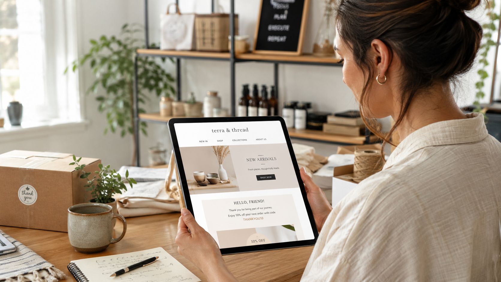 A woman reviewing an e-commerce website on a tablet while working at her home office workspace.