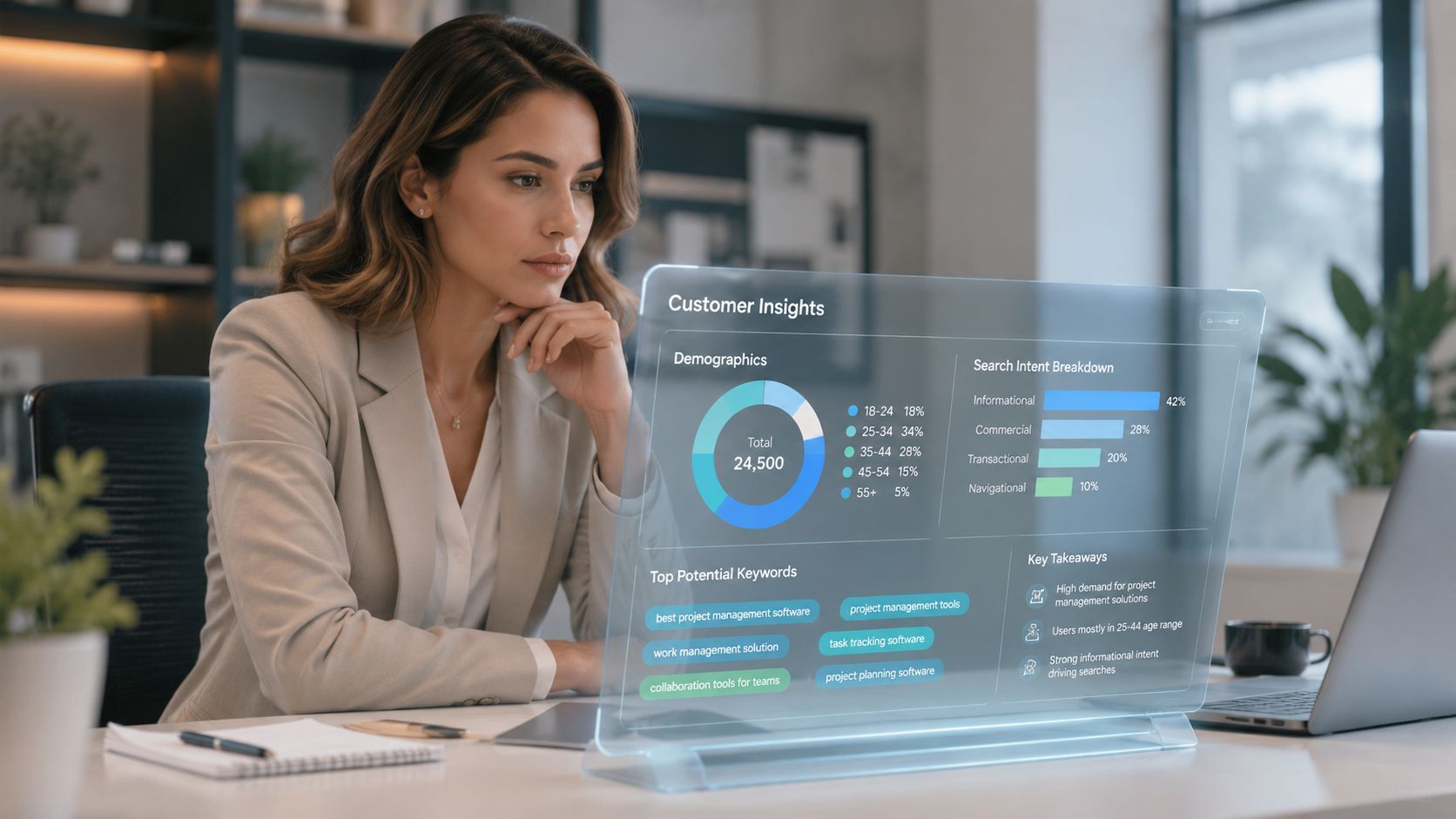 A professional woman analyzing project management search intent data on a futuristic digital transparent display screen.