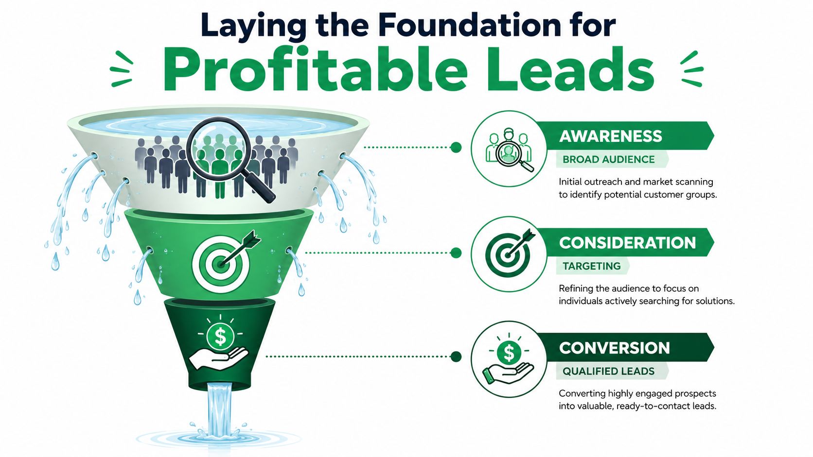 A marketing funnel diagram illustrating the three stages of lead generation: awareness, consideration, and conversion.
