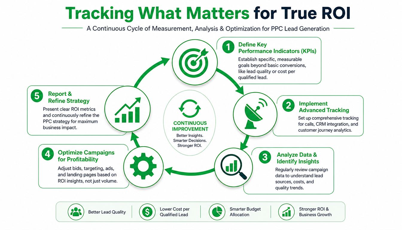 An infographic showing a five-step continuous cycle for measuring, analyzing, and optimizing PPC lead generation strategy.