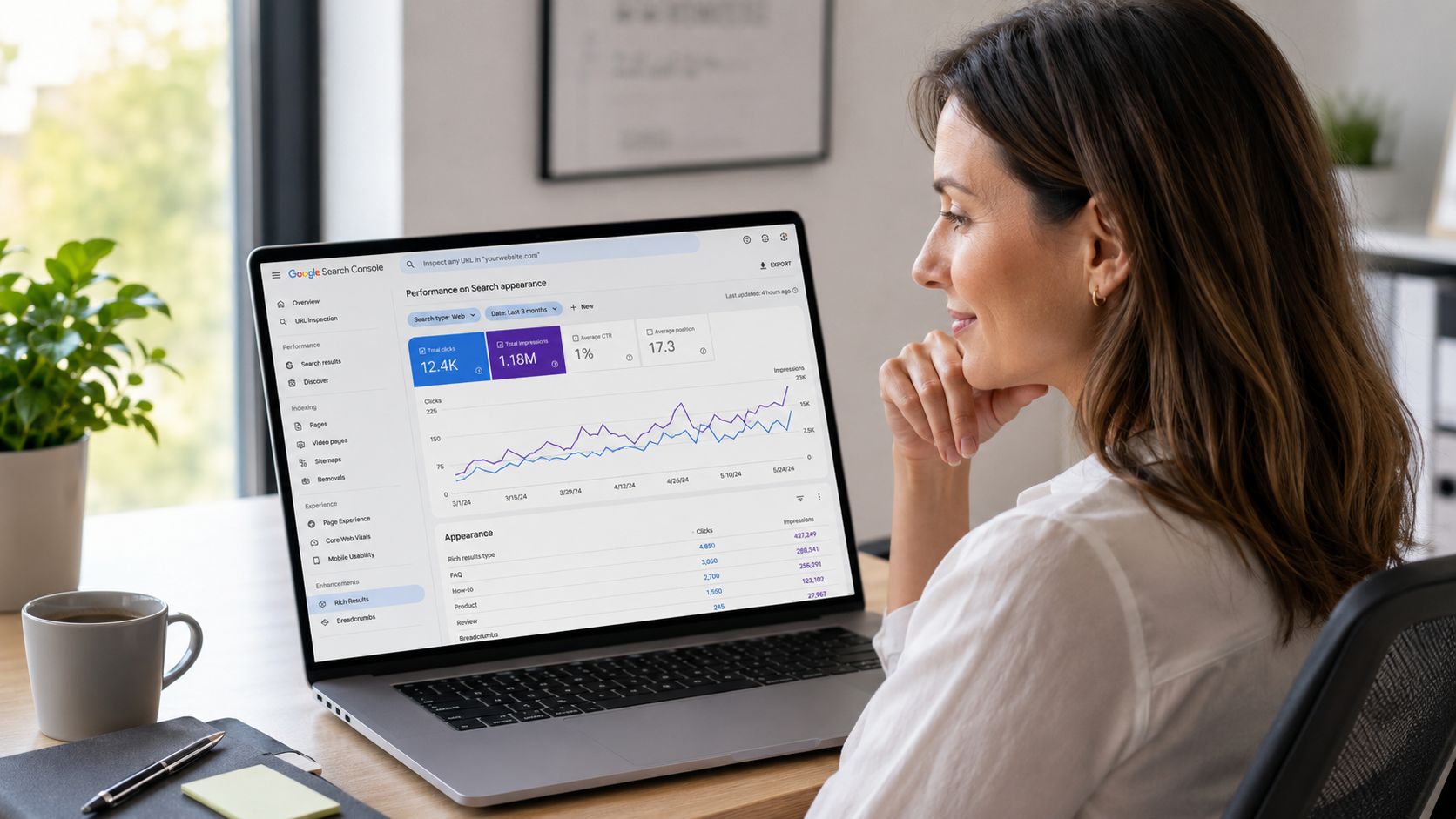 A professional woman analyzing Google Search Console data on a laptop screen in a bright office.