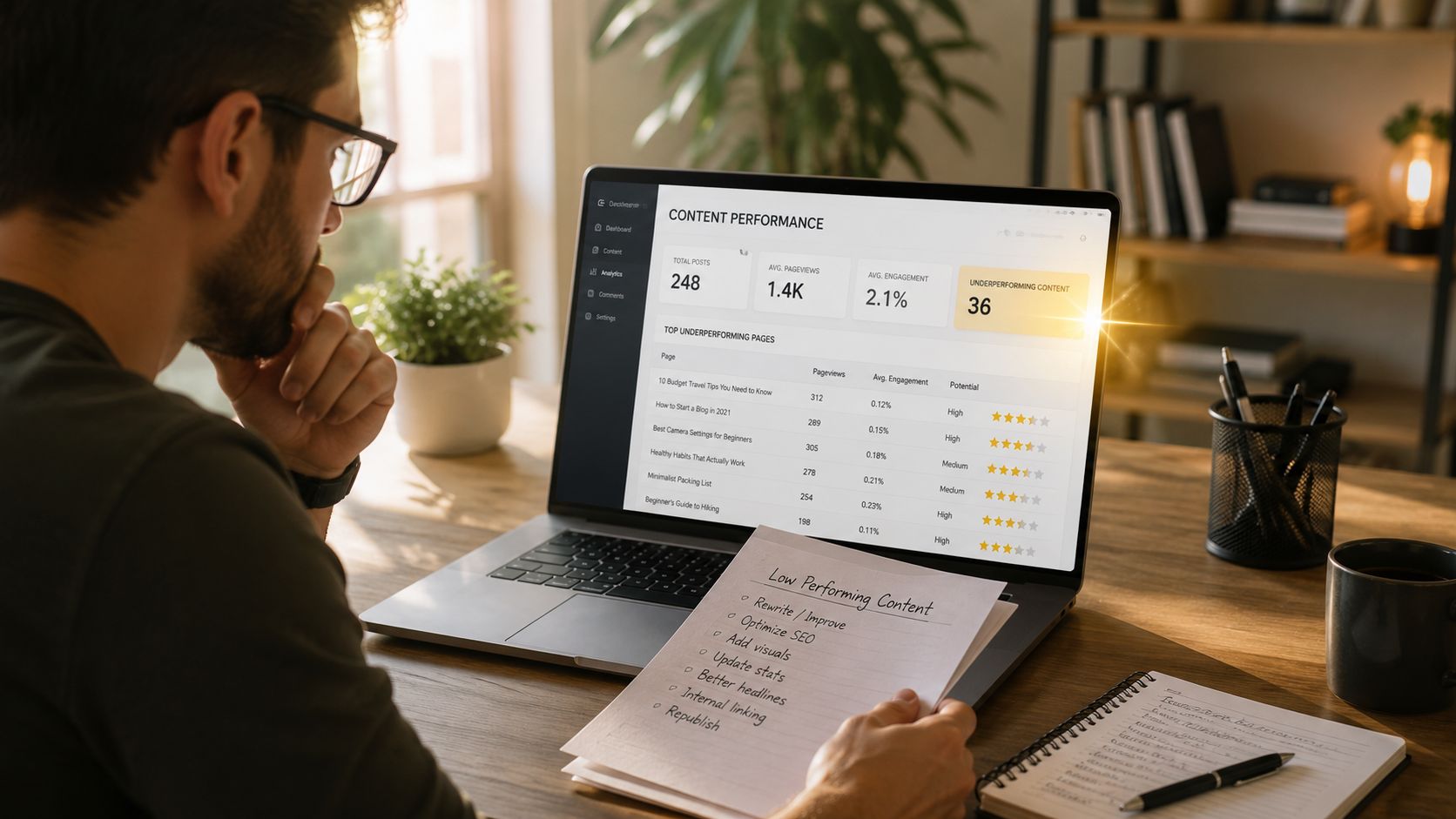 A professional analyzing content performance metrics on a laptop screen while holding a strategic improvement list.