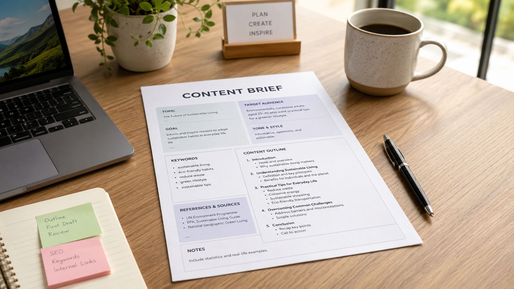 A professional desk workspace featuring a laptop, a notebook, coffee, and a printed content brief document.