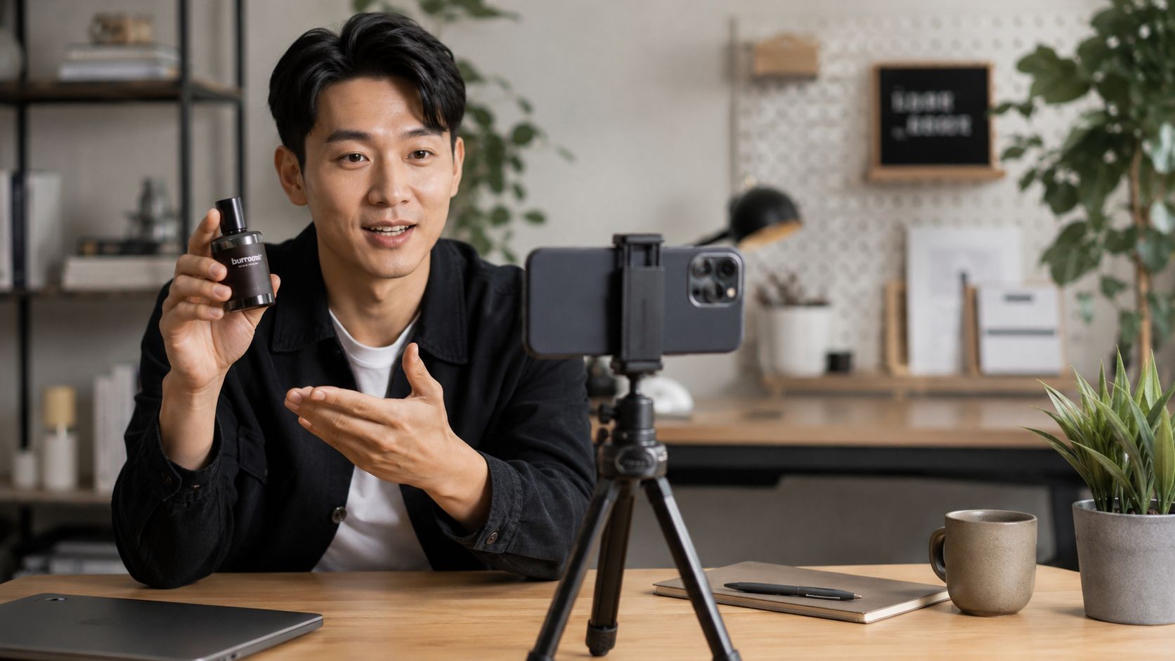 A young Asian content creator recording a product review video for social media using a smartphone on a tripod.