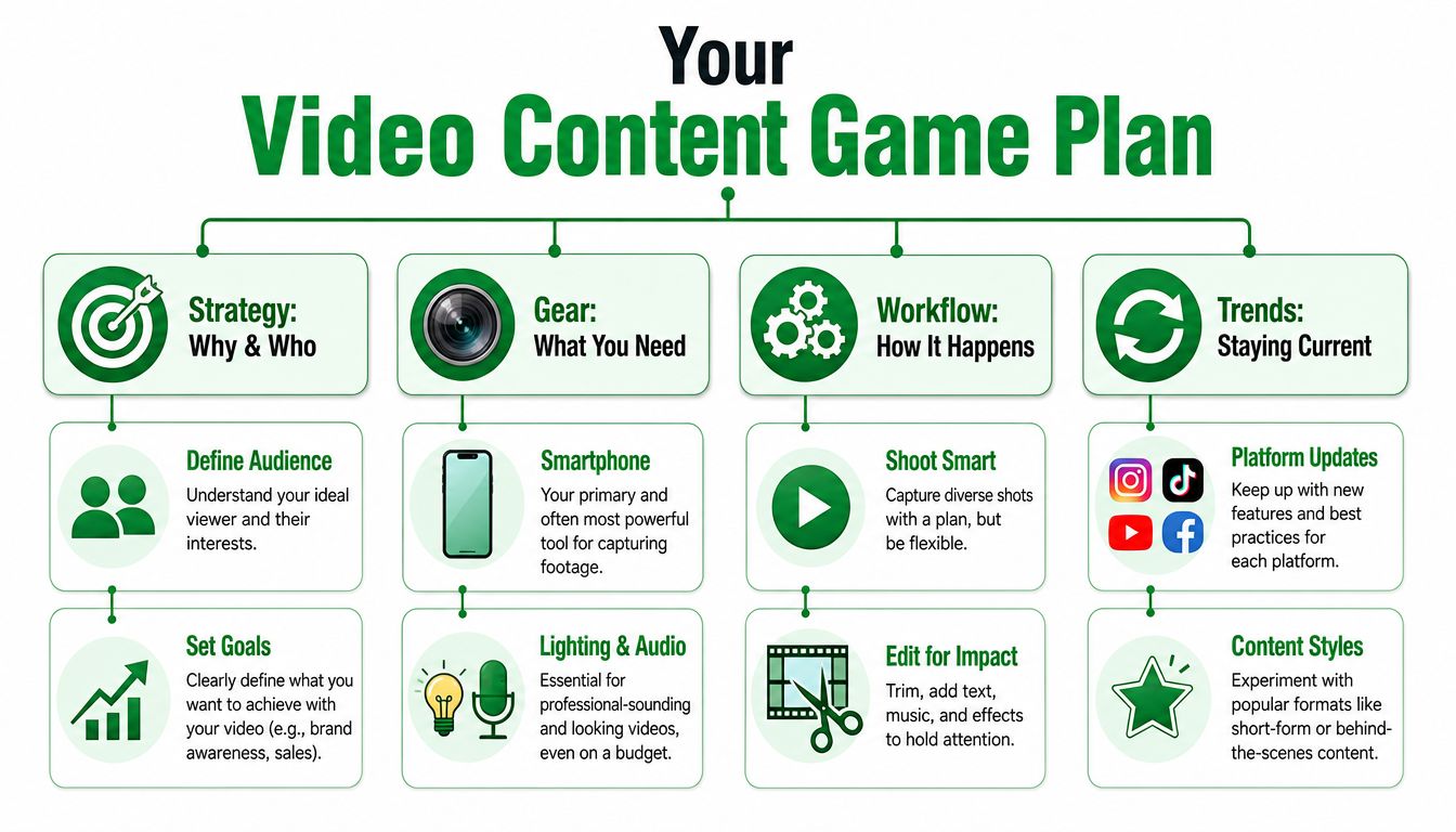 A comprehensive infographic titled Your Video Content Game Plan outlining strategy, gear, workflow, and trends for video production.