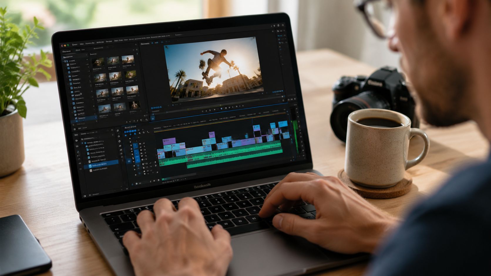 A professional video editor working on social media content using advanced software on a laptop computer.