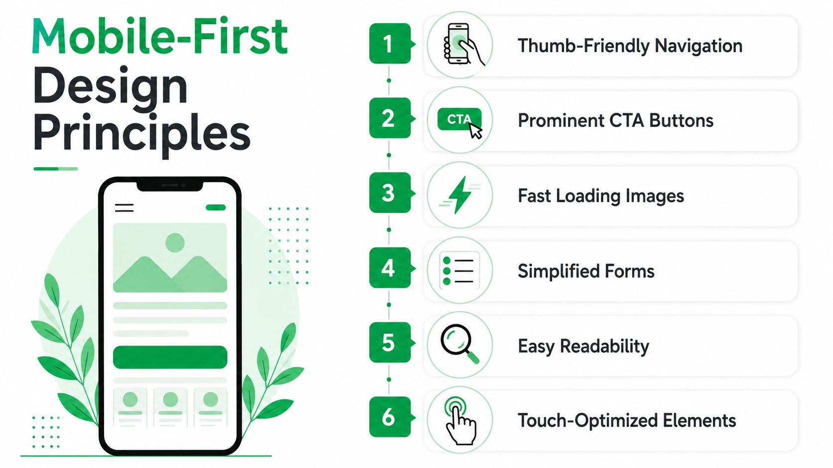 A diagram outlining six key mobile-first design principles for creating user-friendly and effective mobile websites.