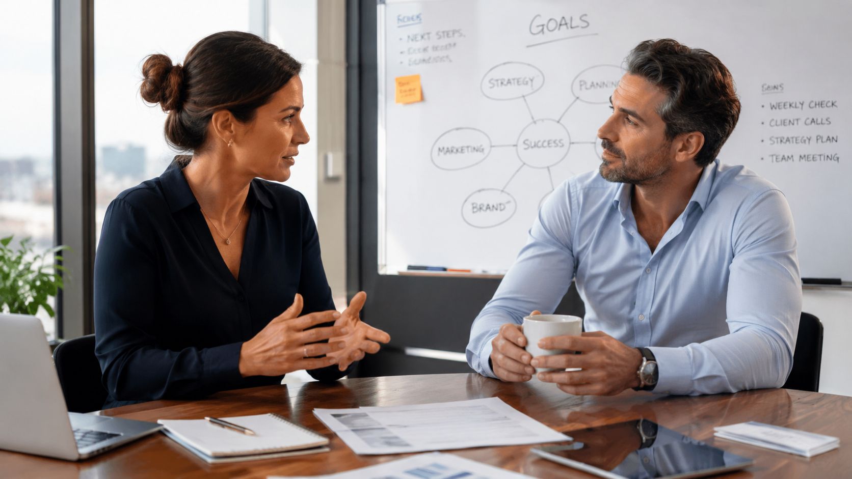 A professional man and woman having a business meeting and discussing strategy in a modern office.