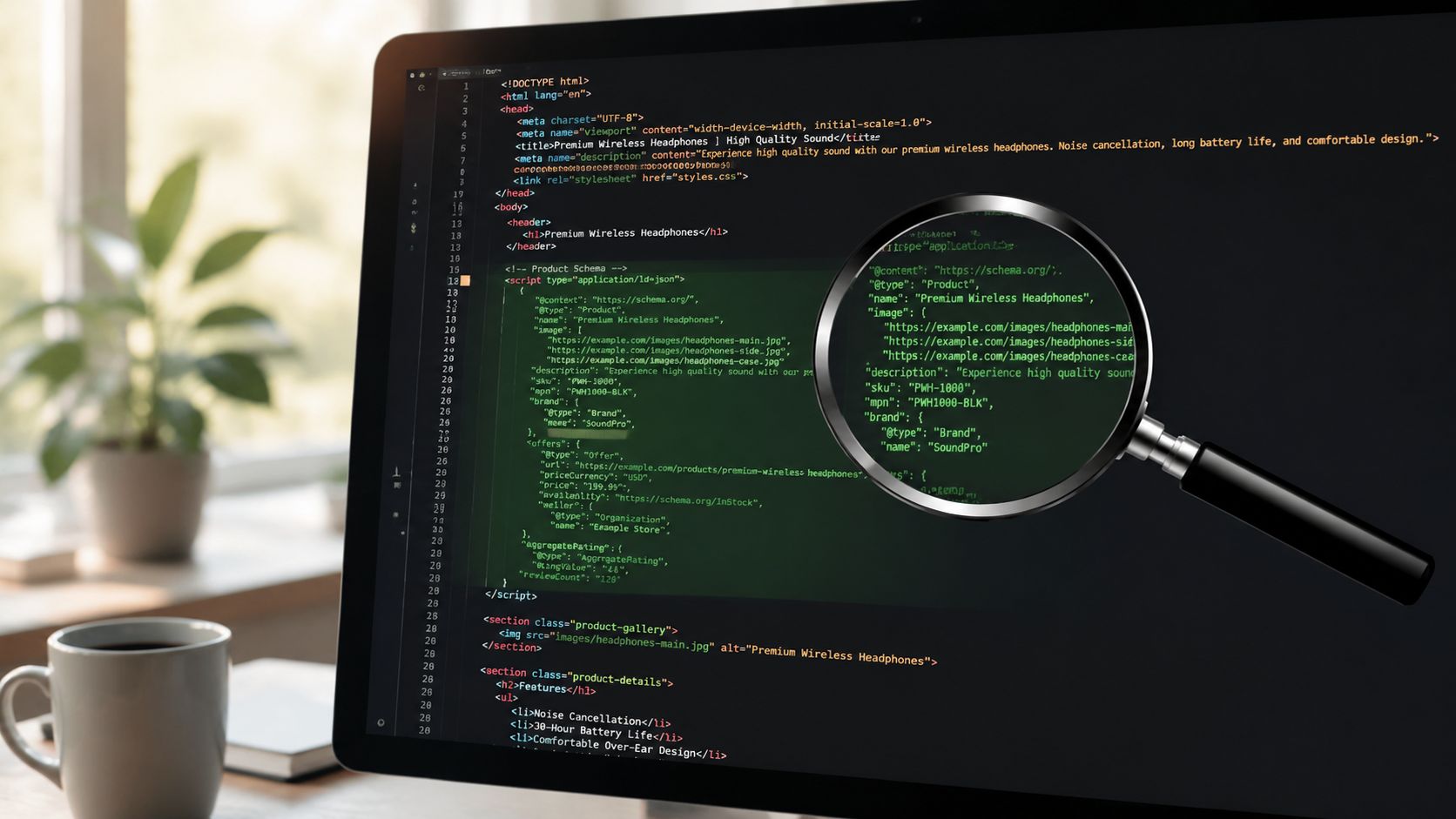 A magnifying glass focusing on structured data code snippet on a computer screen for SEO analysis.
