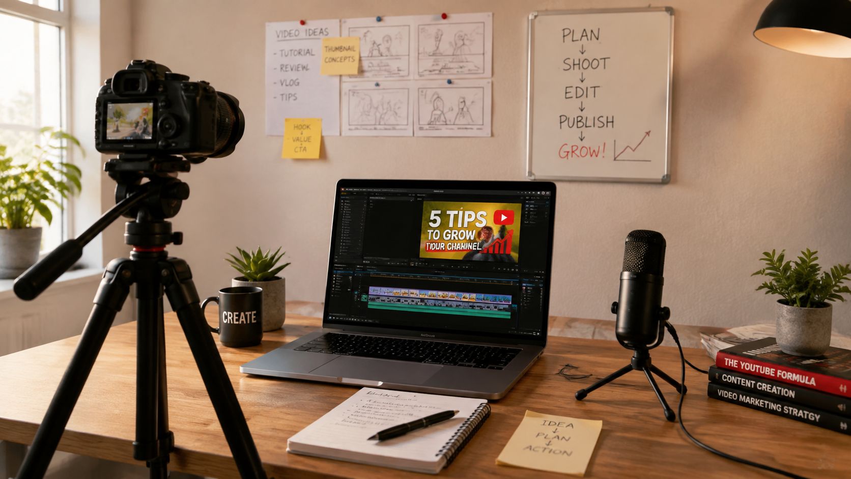 A professional desk setup featuring a laptop with video editing software, a camera, microphone, and content planning notes.