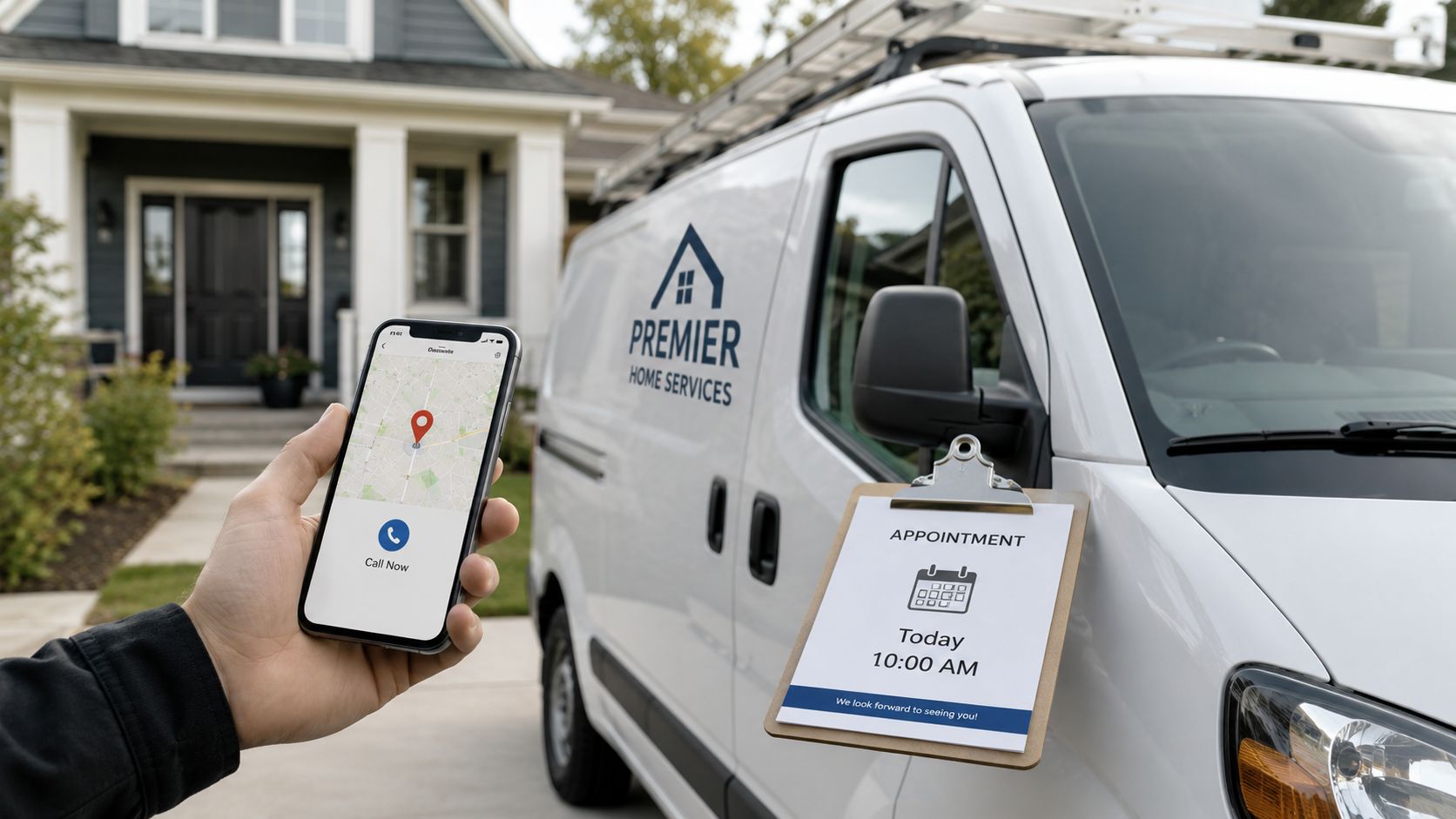 A hand holds a smartphone showing a location map while a service van displays an appointment reminder.