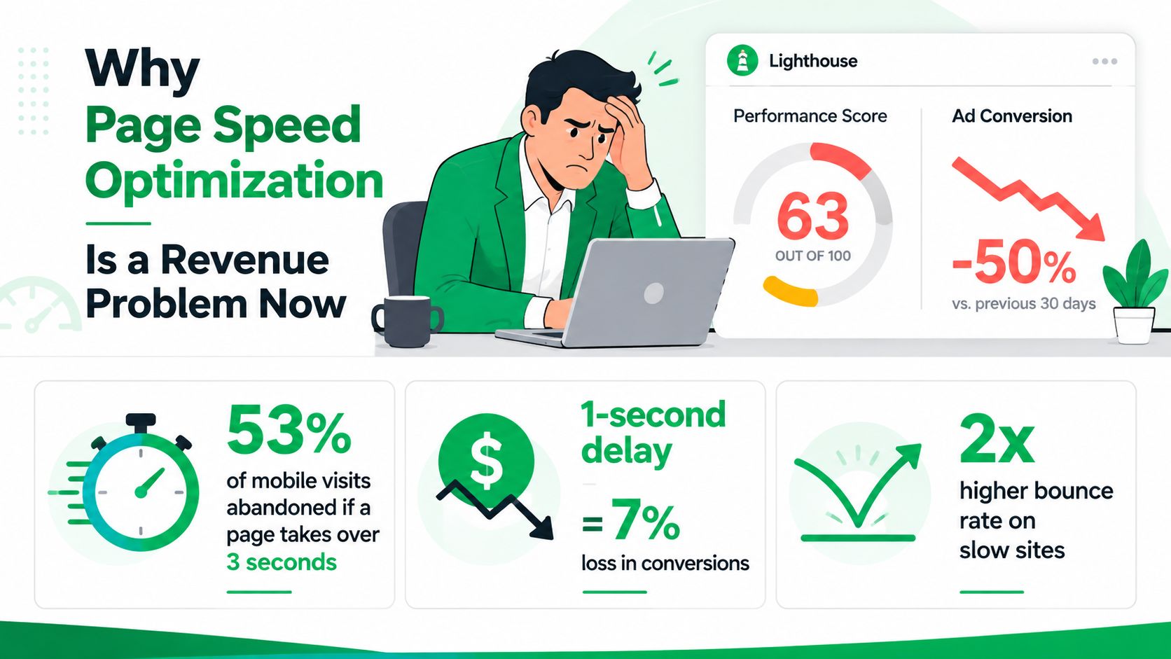 An illustration showing a stressed businessman with a slow website dashboard, highlighting the negative revenue impact.