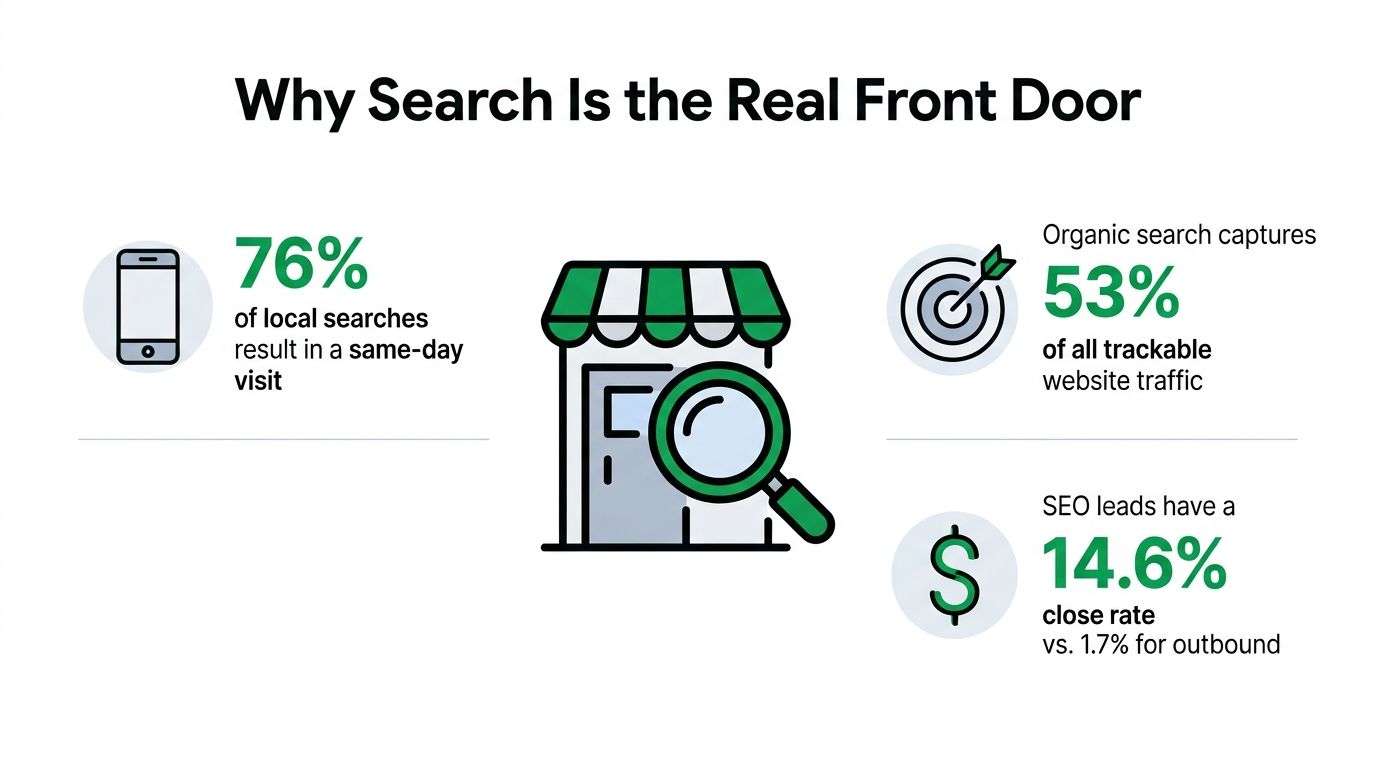 An infographic showing that SEO drives local visits, website traffic, and higher conversion rates for businesses.